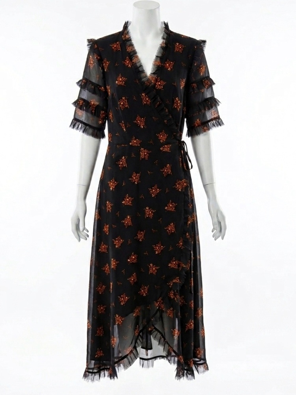 Zara Black Sheer Chiffon Floral Wrap High Low Midi Dress Ruffle Large